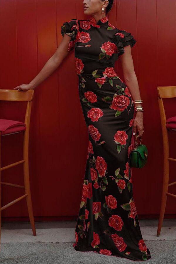 Sylvia | Gelaagde mouwtjes maxi dress met bloemenprint