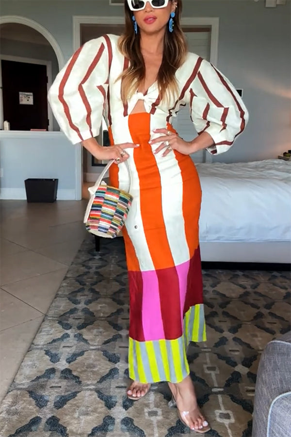 Kaya | Linnenmix maxi jurk met puffmouwen en kleurblok print