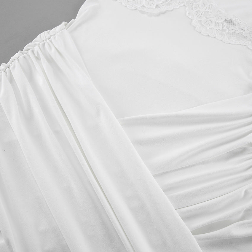 Elena | Maxi Jurk met Kanten V-hals en Gedrapeerde Details