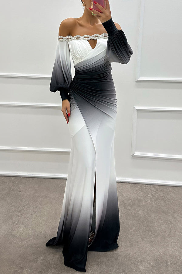 Julieta | Off-shoulder maxi jurk met gradient print en edelsteen detail