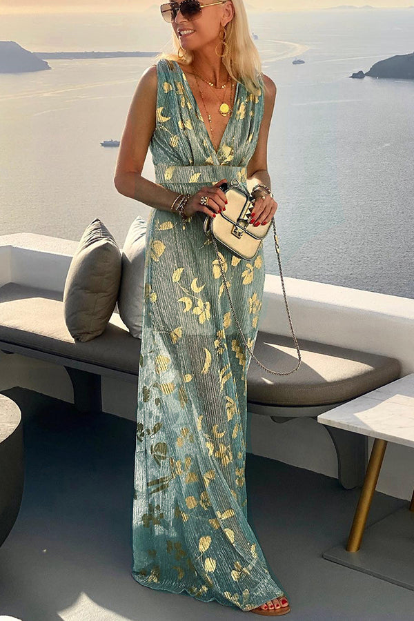 Solene | V-hals maxi jurk met pailletten en verhalenprint