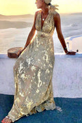 Solene | V-hals maxi jurk met pailletten en verhalenprint