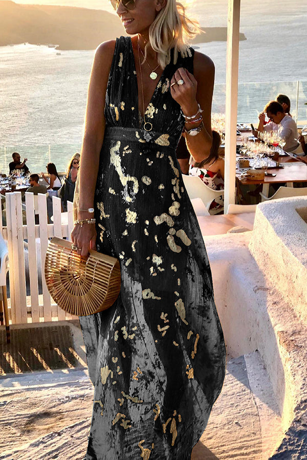 Solene | V-hals maxi jurk met pailletten en verhalenprint
