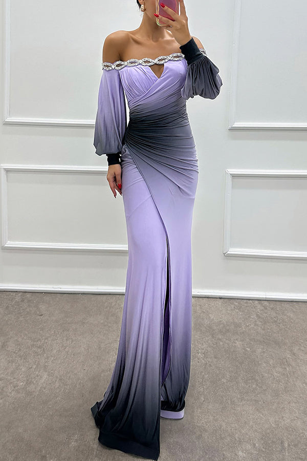 Julieta | Off-shoulder maxi jurk met gradient print en edelsteen detail
