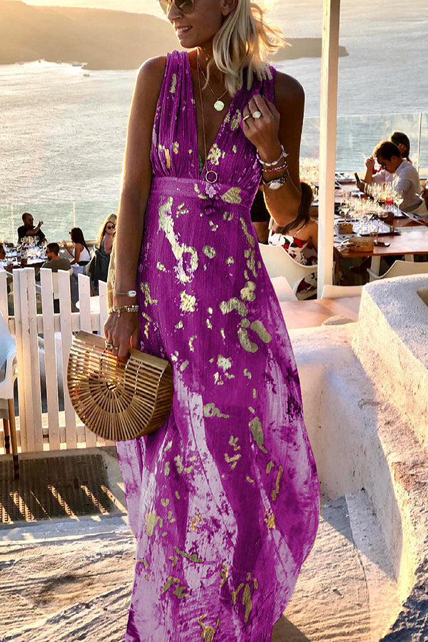 Solene | V-hals maxi jurk met pailletten en verhalenprint
