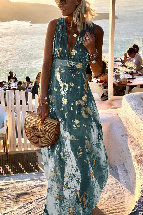 Solene | V-hals maxi jurk met pailletten en verhalenprint