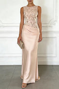 Vera | Satijnen maxi jurk met mesh borduursel en rimpeldetails