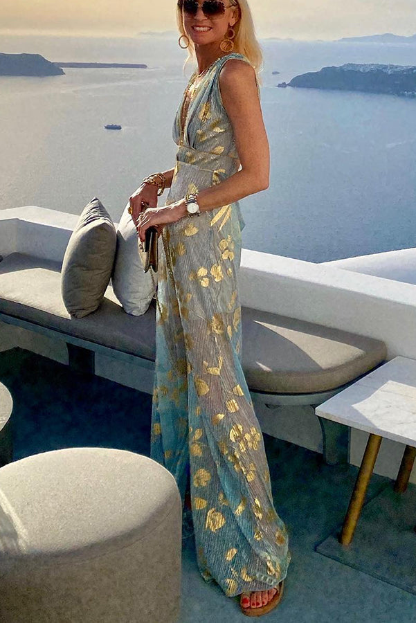 Solene | V-hals maxi jurk met pailletten en verhalenprint