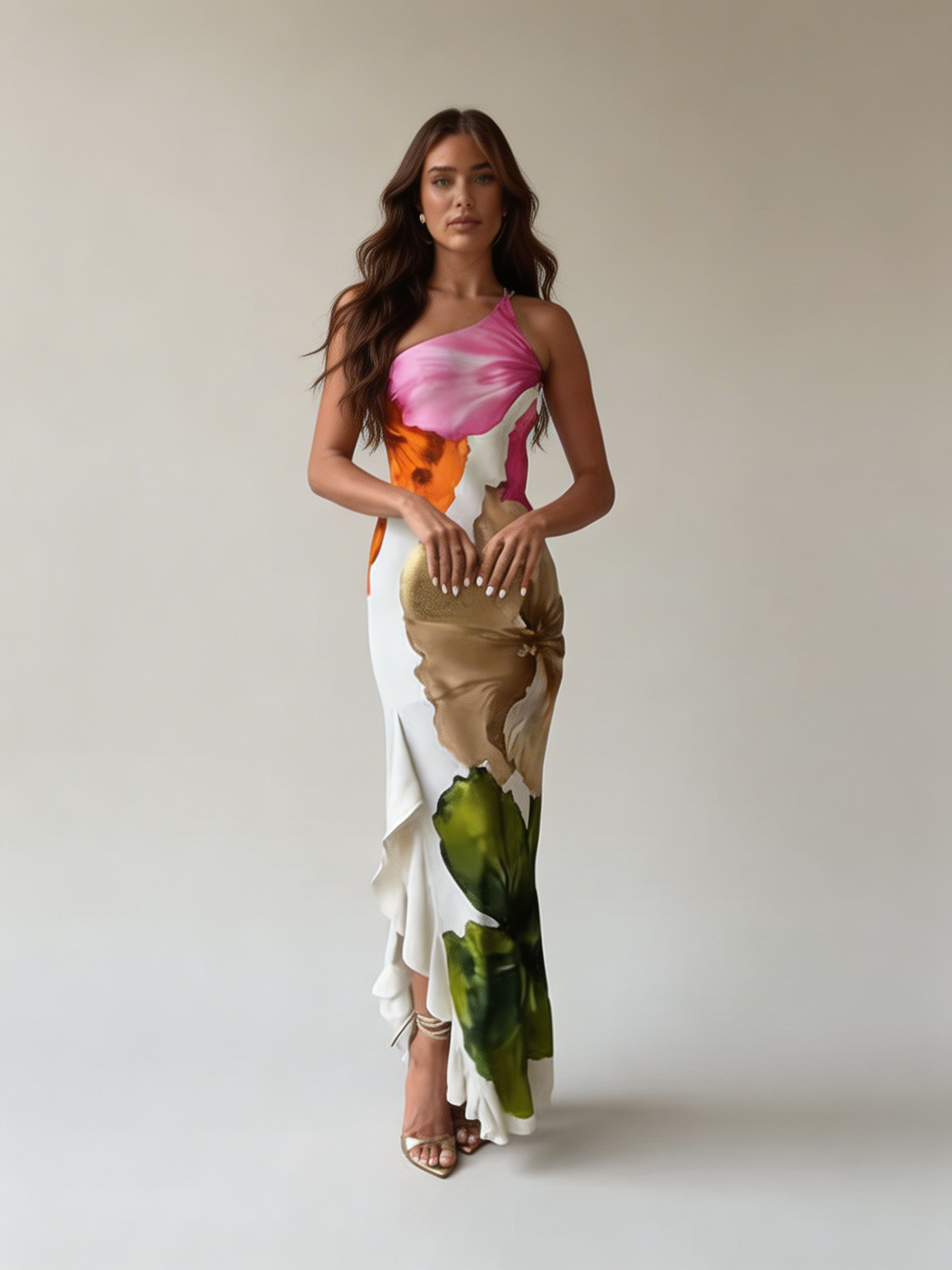Valérie | Luxe bloemenprint asymmetrische maxi jurk