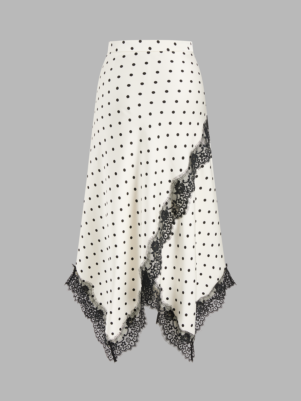Anique | Satijnen midi rok met stippenprint en kanten details