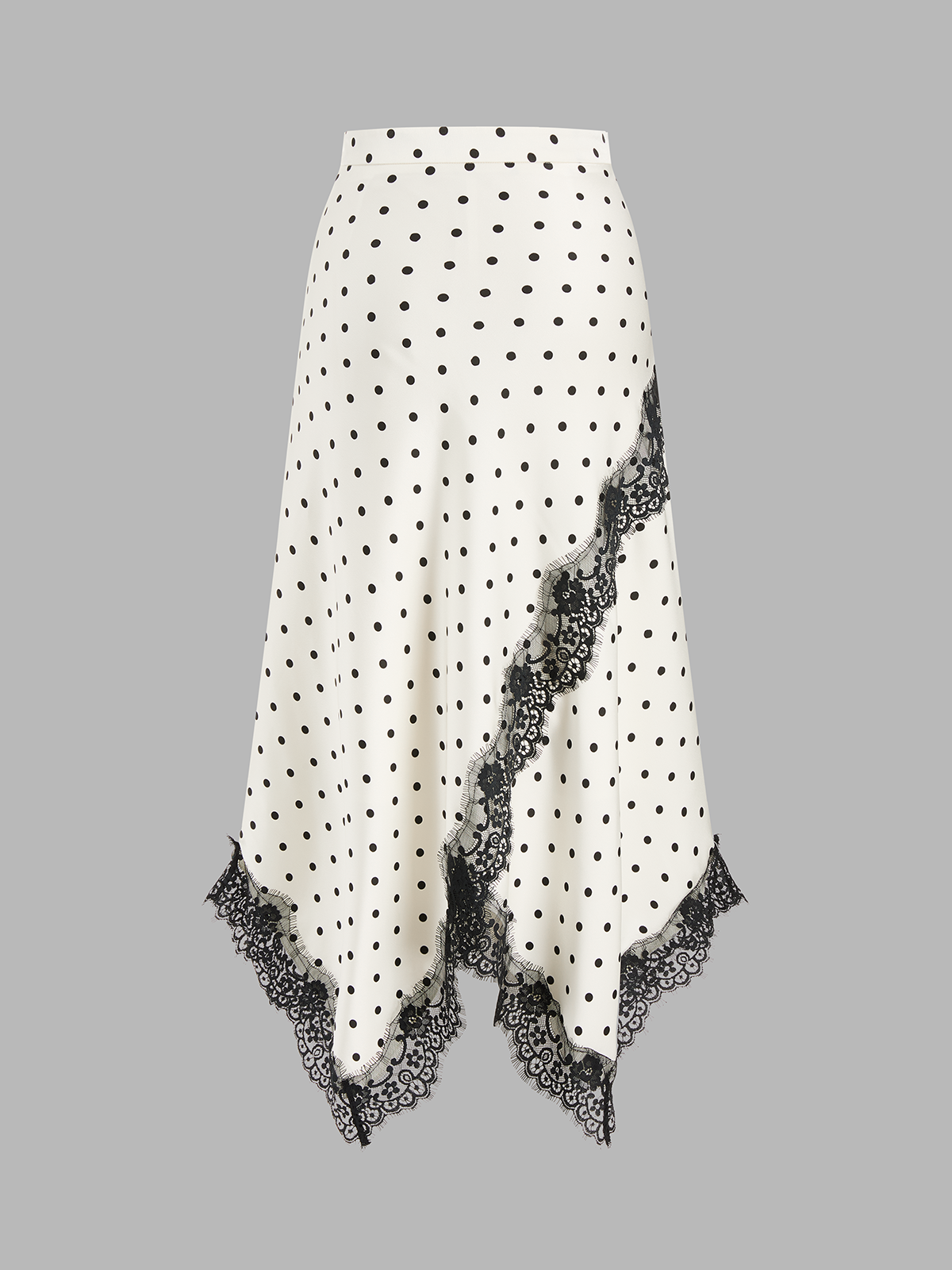 Anique | Satijnen midi rok met stippenprint en kanten details