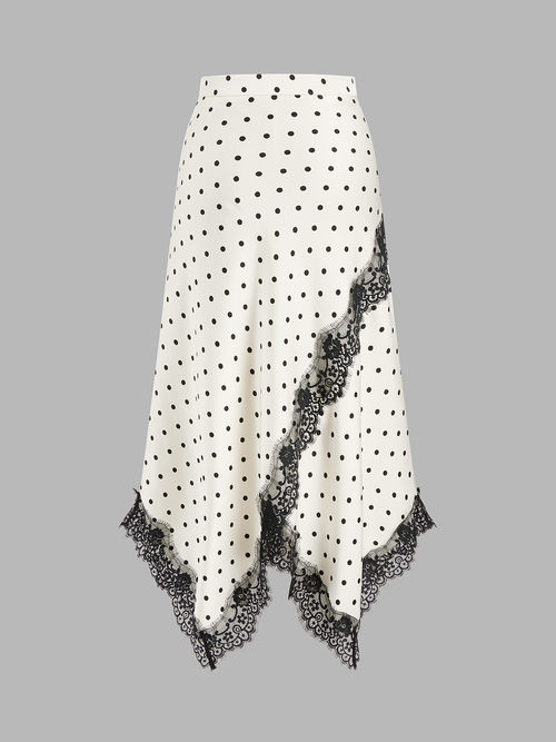 Anique | Satijnen midi rok met stippenprint en kanten details