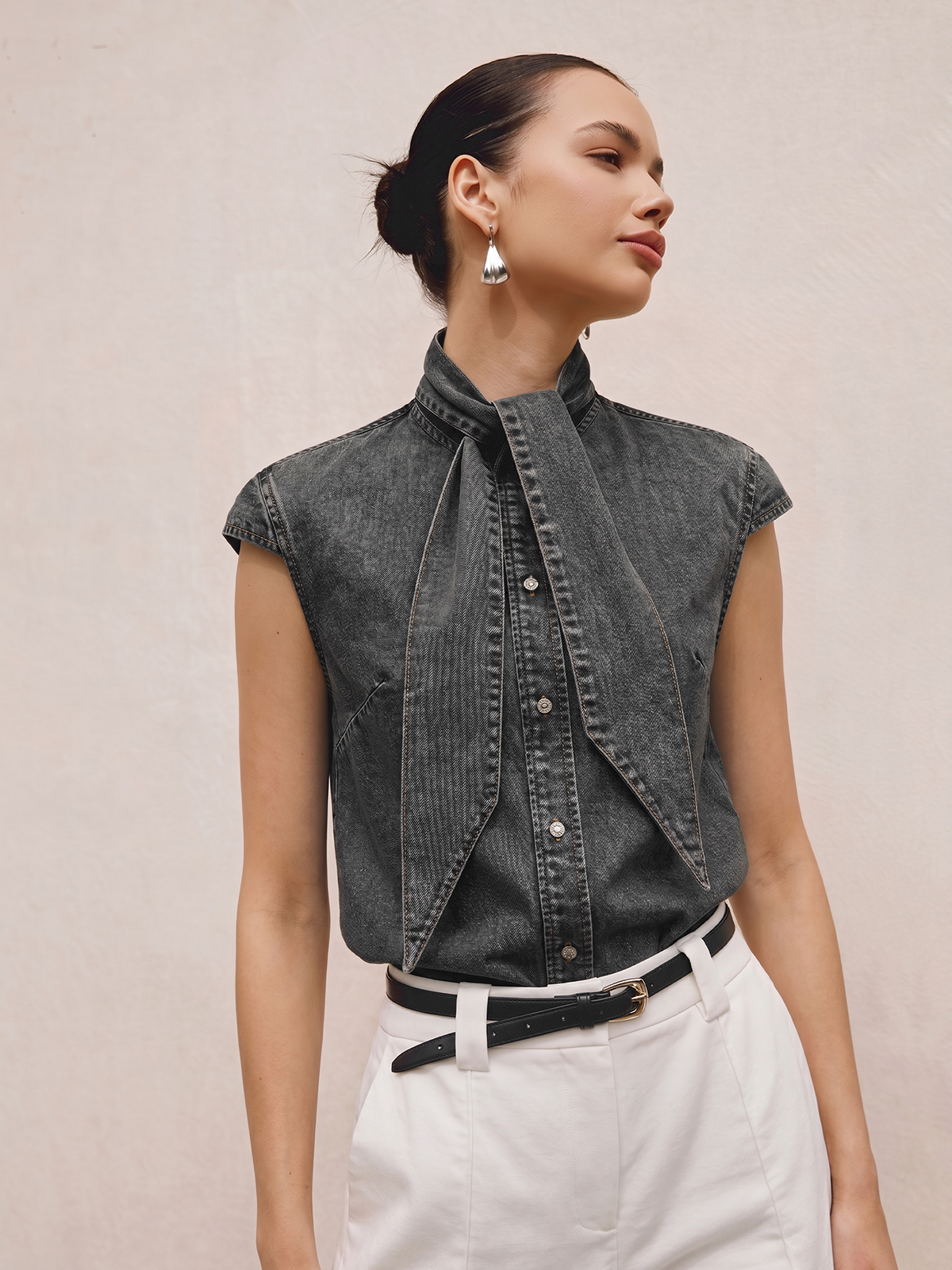 Teddy | Denim shirt met strikdetail