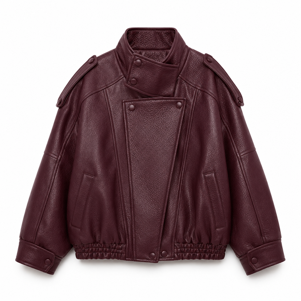 Bomberjas hoge hals met knoop in leer Bordeaux rood
