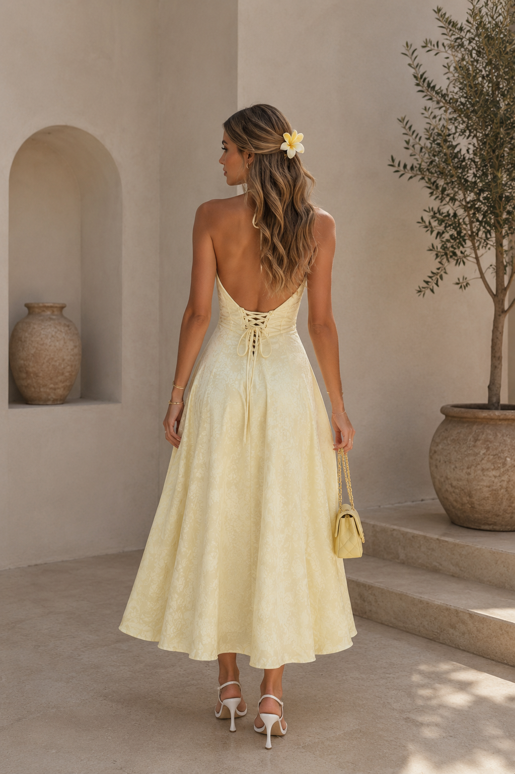 Elisa | Halter midi jurk met open rug en uitlopende rok