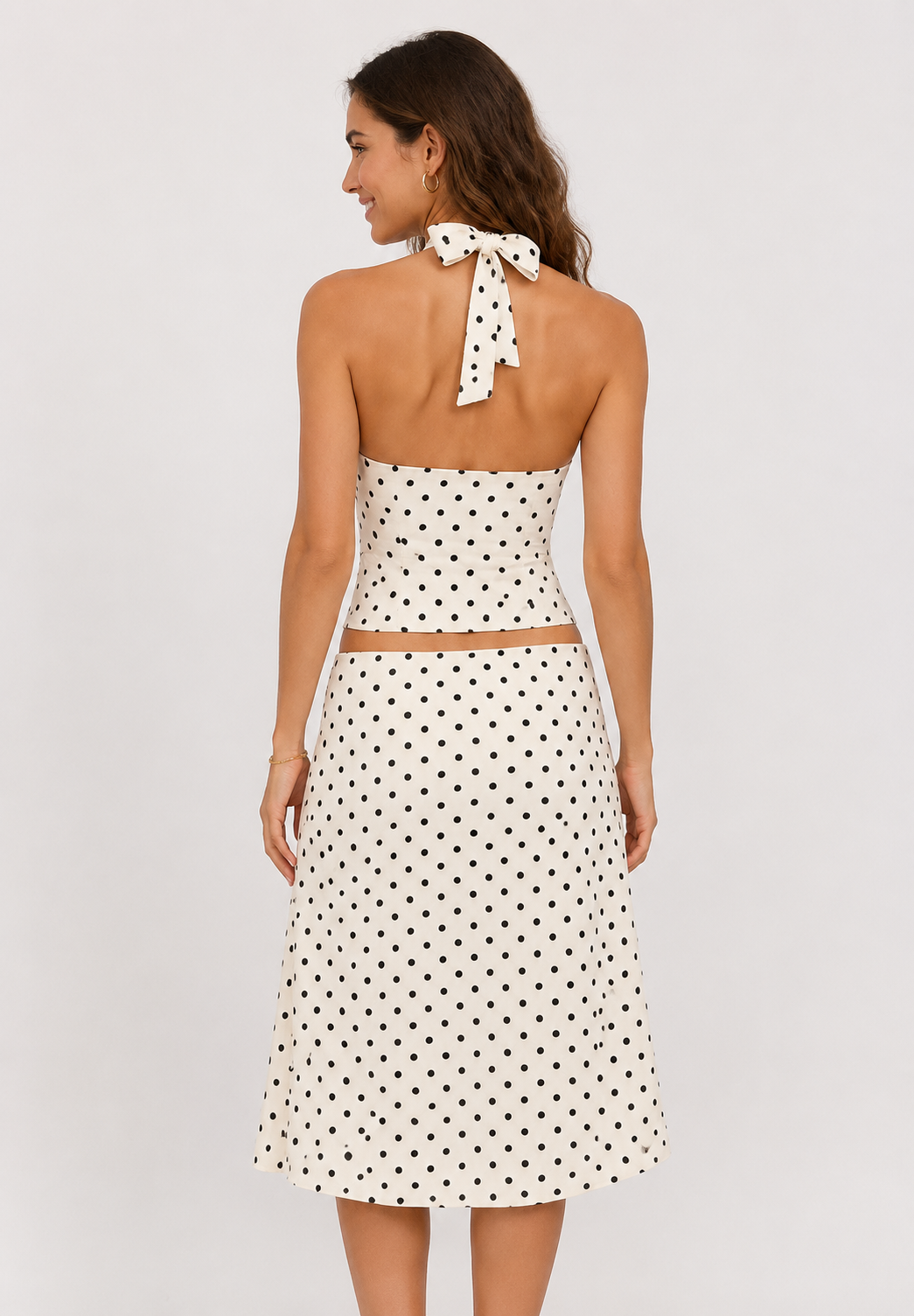 Ely | Tweedelige set met haltertop en midi rok met stippenprint