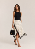 Anique | Satijnen midi rok met stippenprint en kanten details