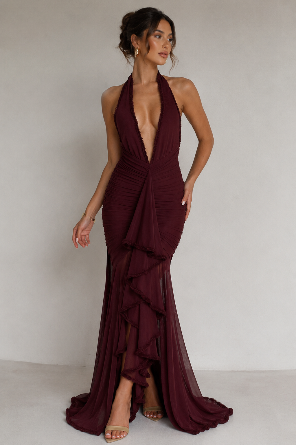 Jadie | Maxi Jurk met Halternek en Ruches