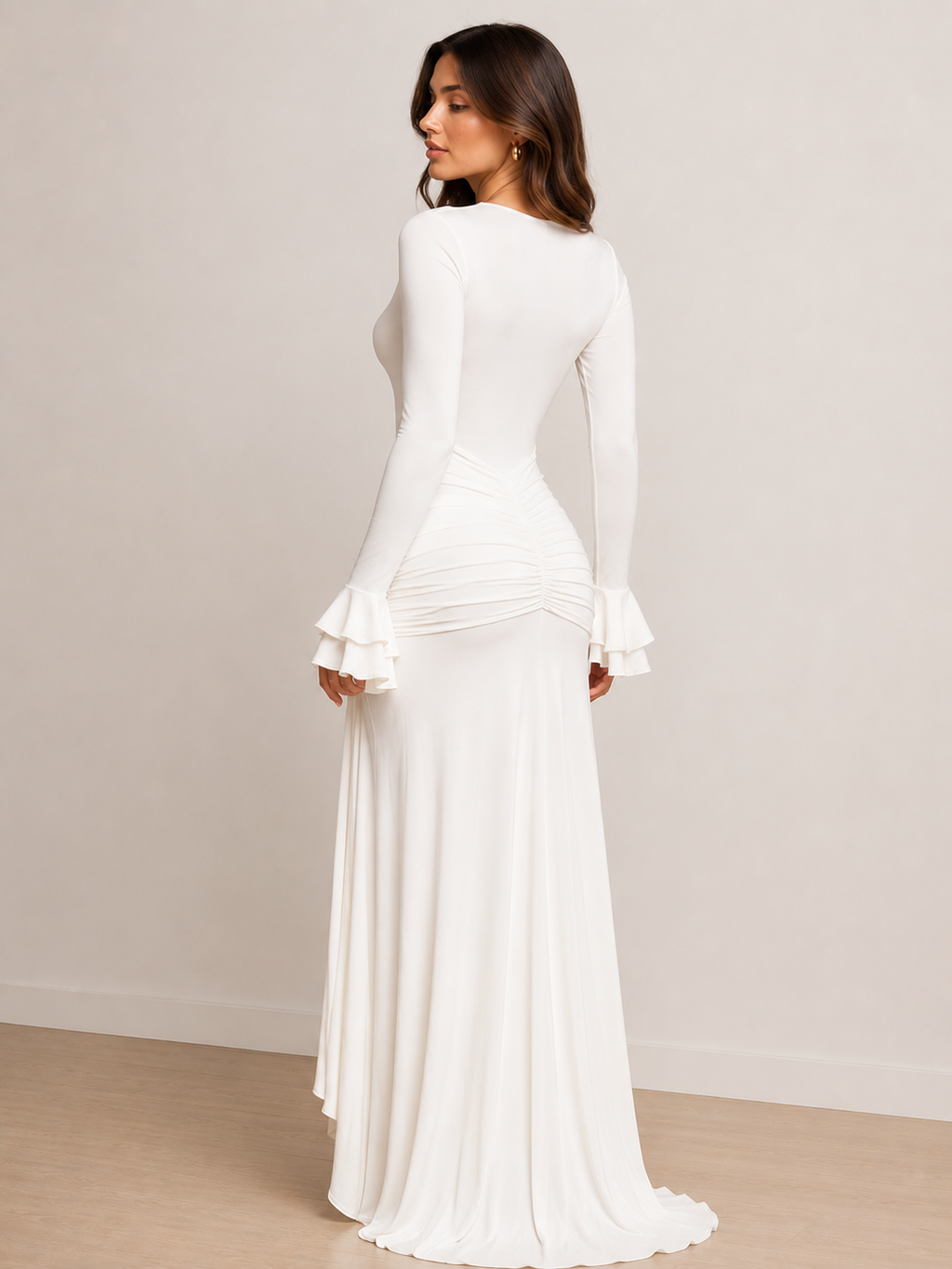 Elena | Maxi Jurk met Kanten V-hals en Gedrapeerde Details