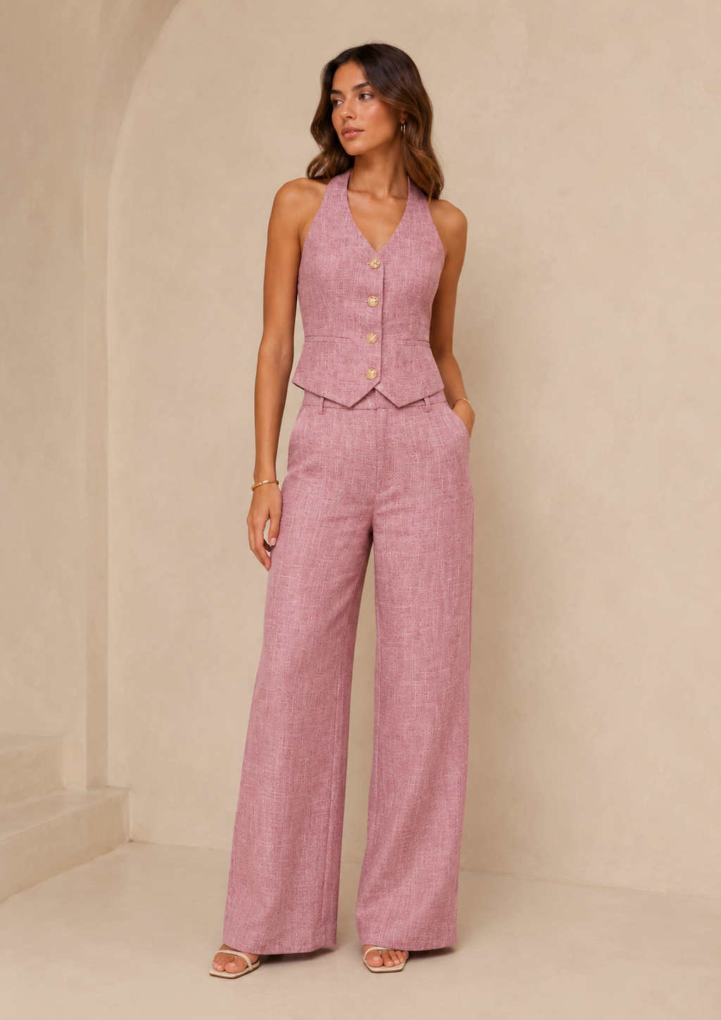 Violet | Tweedelige set met halter gilet en wide leg pantalon