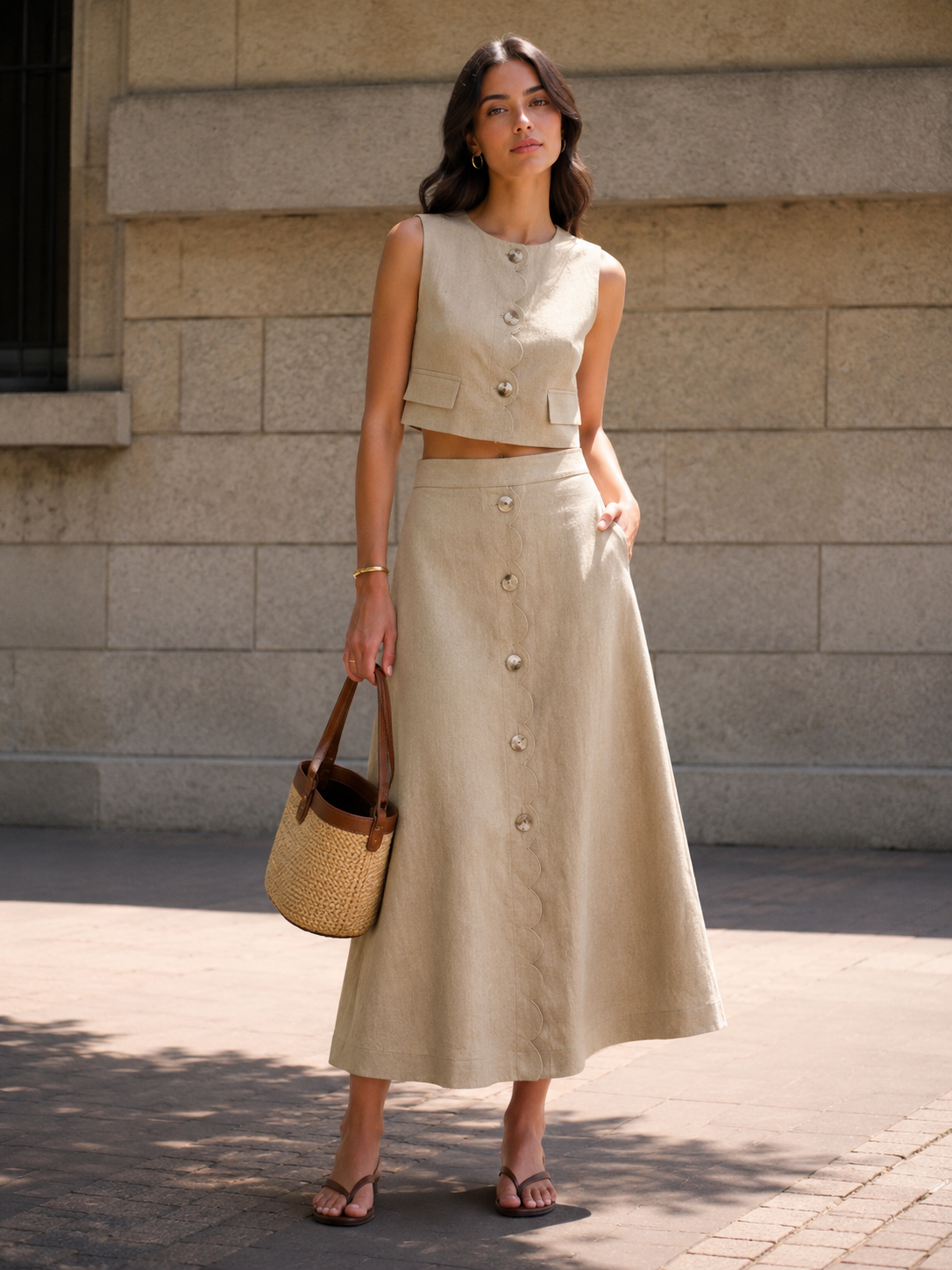 Camille | Tweedelige linnen set met gilet en midi rok