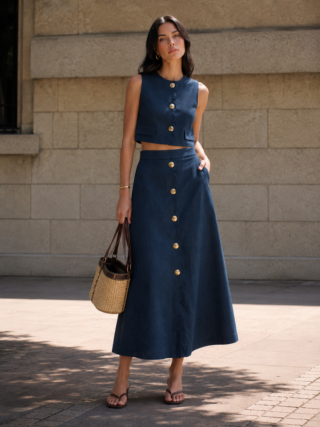Camille | Tweedelige linnen set met gilet en midi rok