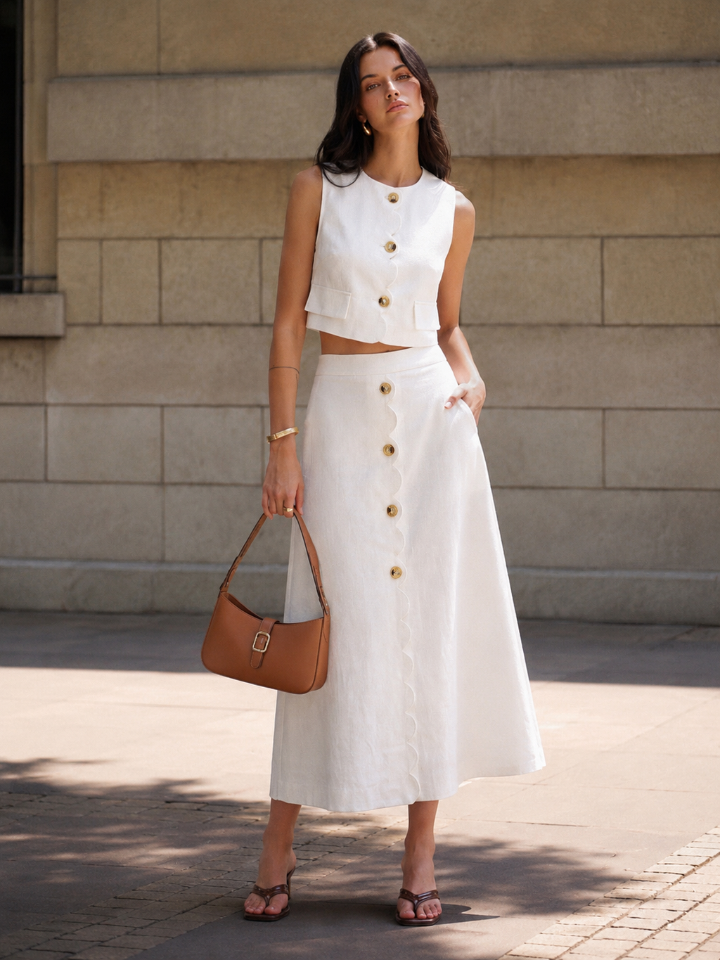 Camille | Tweedelige linnen set met gilet en midi rok