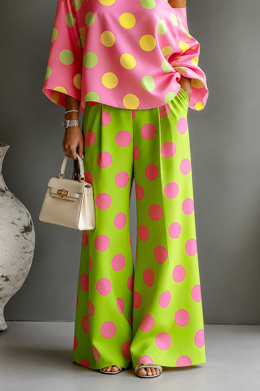 Valentina | Wijde Broek met Kleurrijke Stippenprint