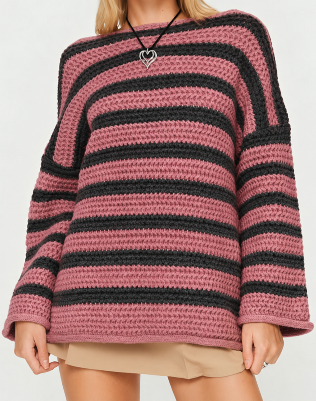 Dames Chunky Knit Gestreepte Trui, Oversized Crew Neck Pullover
