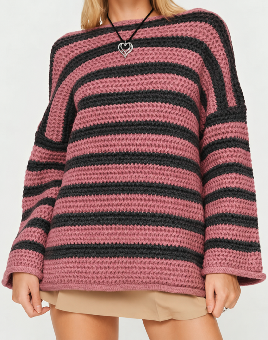 Dames Chunky Knit Gestreepte Trui, Oversized Crew Neck Pullover