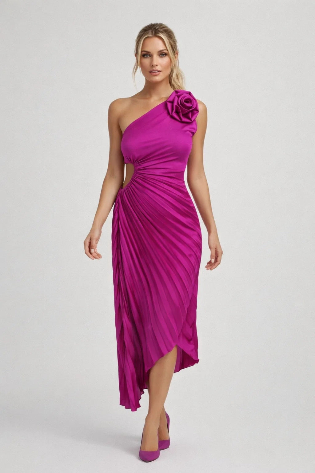Isabelle | One Shoulder Midi-Jurk met Plooien