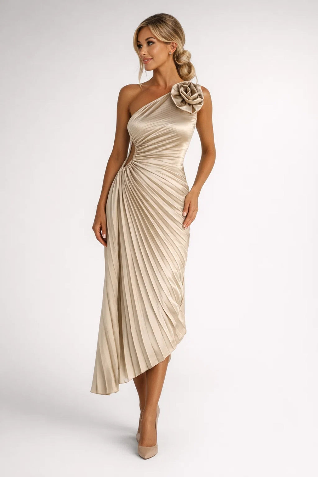 Isabelle | One Shoulder Midi-Jurk met Plooien