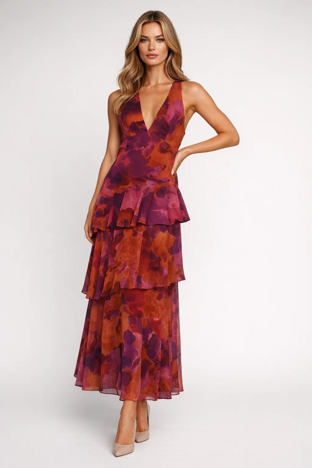 Camellia | Maxi-Jurk met Volants en Bloemenprint