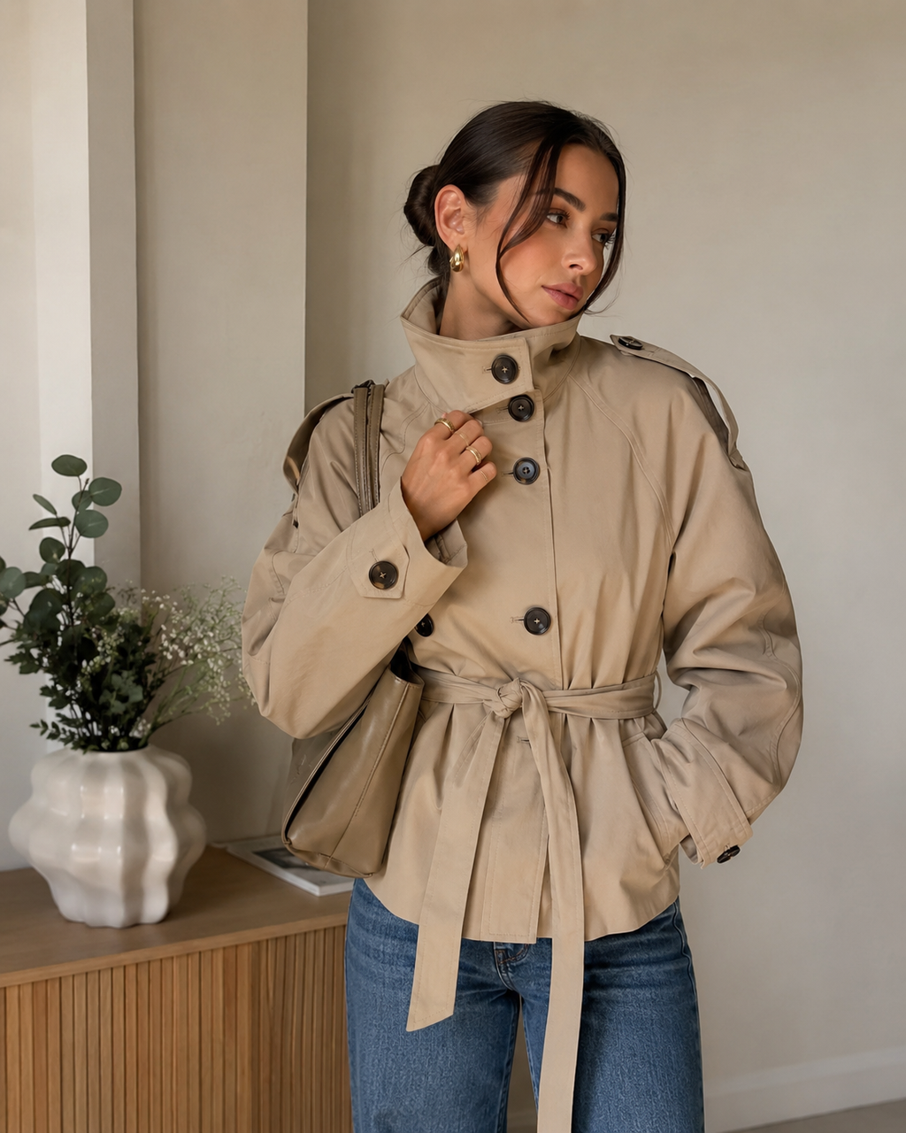 Dames trenchcoat met ceintuur en hoge kraag Beige