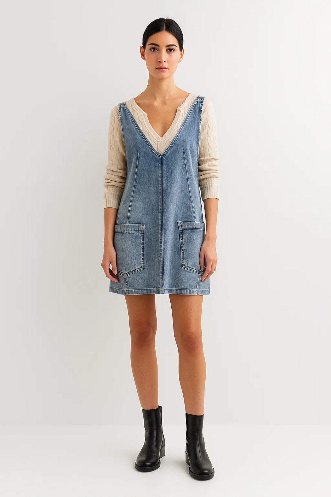 Robine | Mouwloze Denim Mini-Jurk met V-Hals
