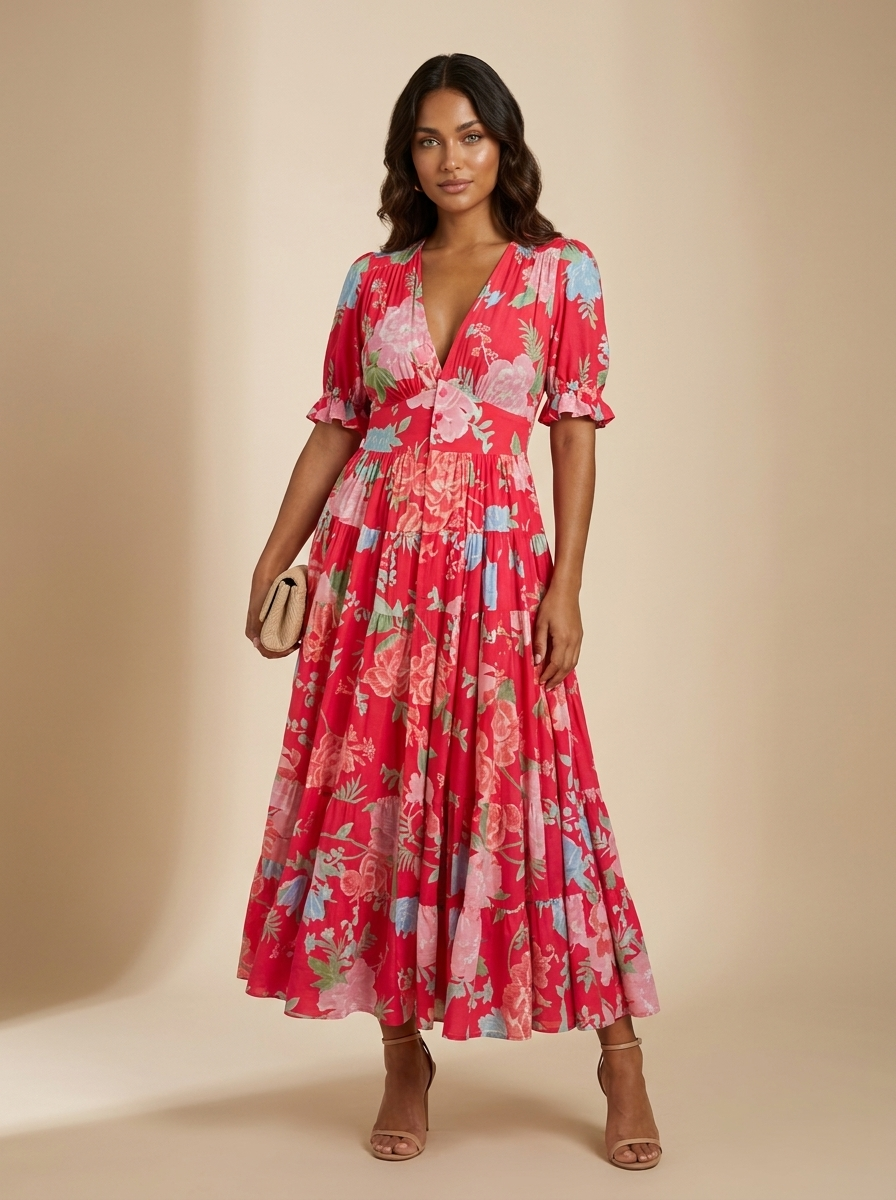 Elara | Maxi jurk met V-hals en bloemenprint