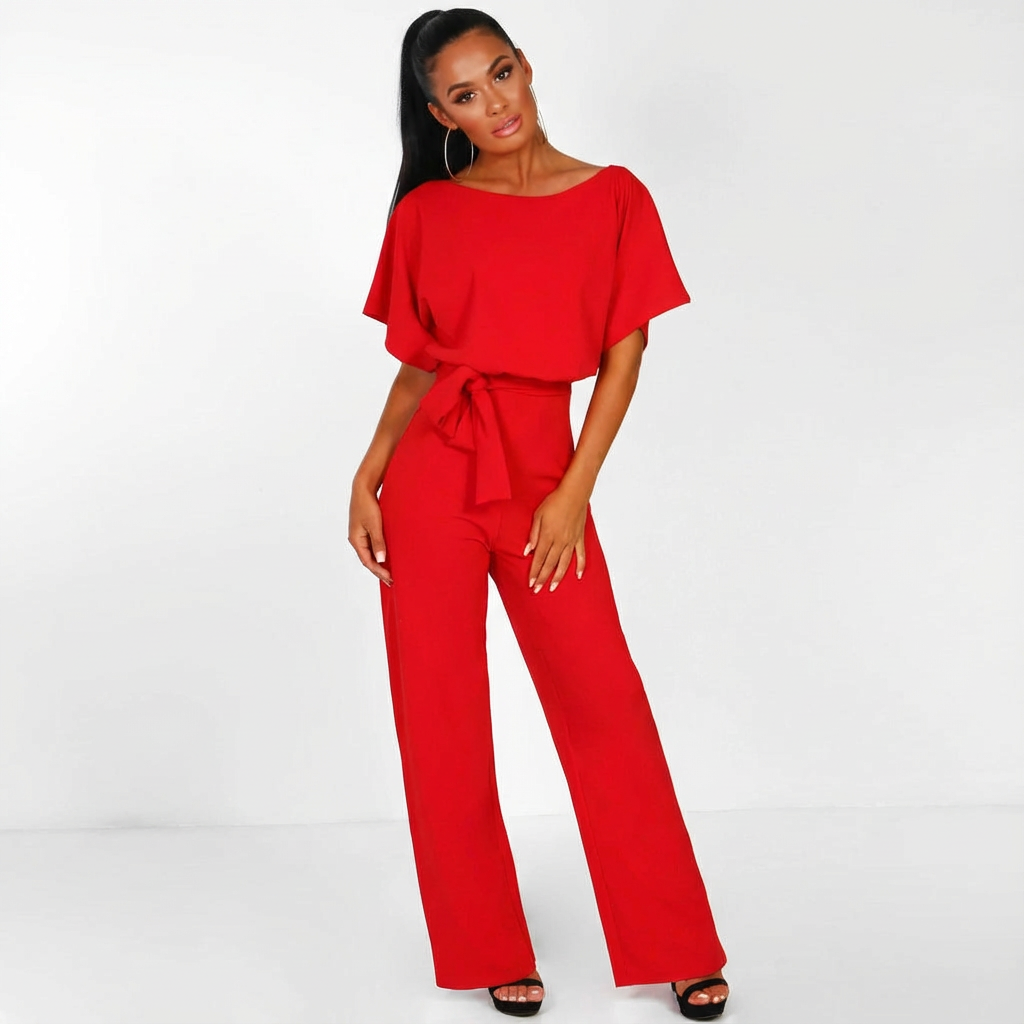 Élodie | Jumpsuit met strikceintuur en wijde pijpen