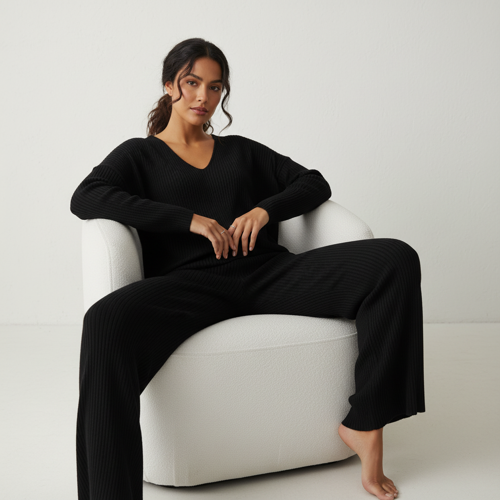 Elara | Geribde Lounge Set met V-Hals