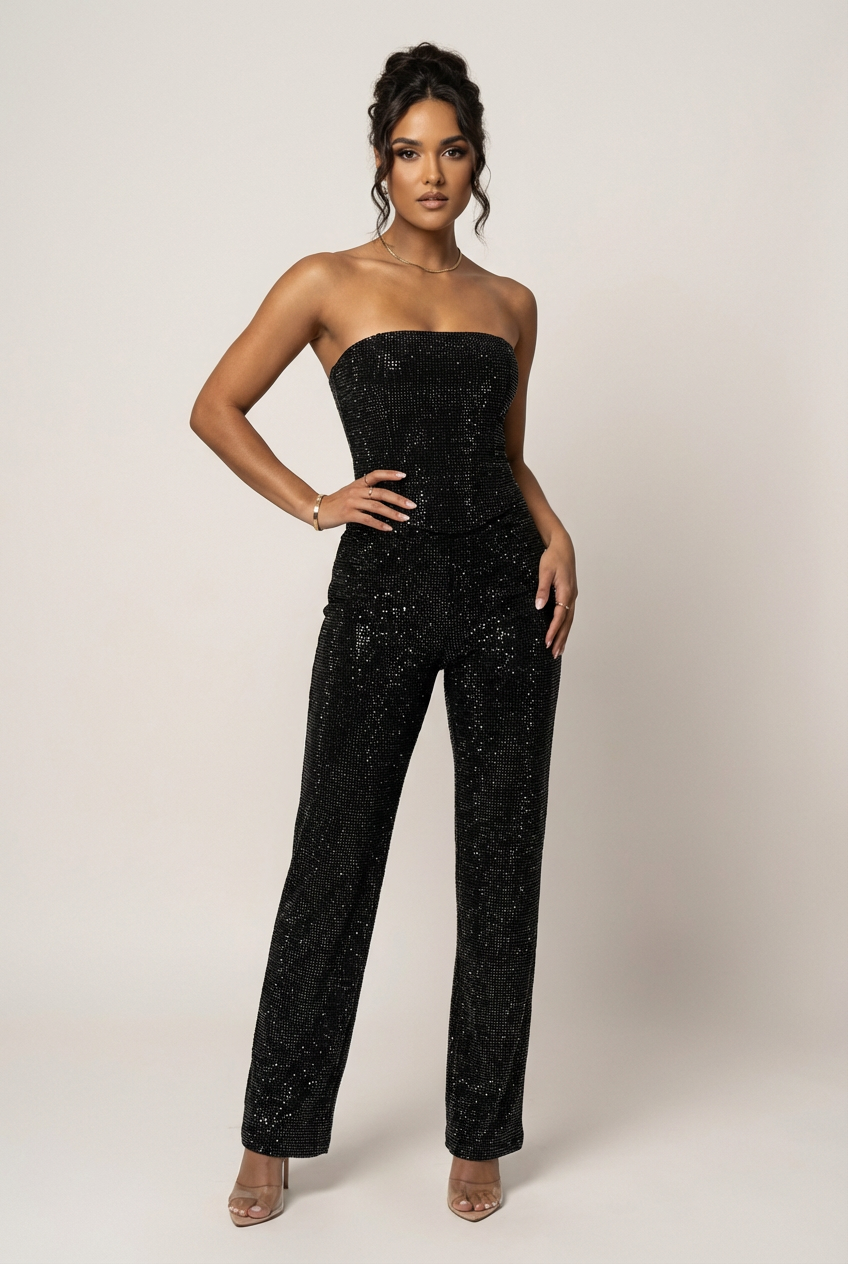 Kaya | Glitter tweedelige set met strapless top en high-waist broek