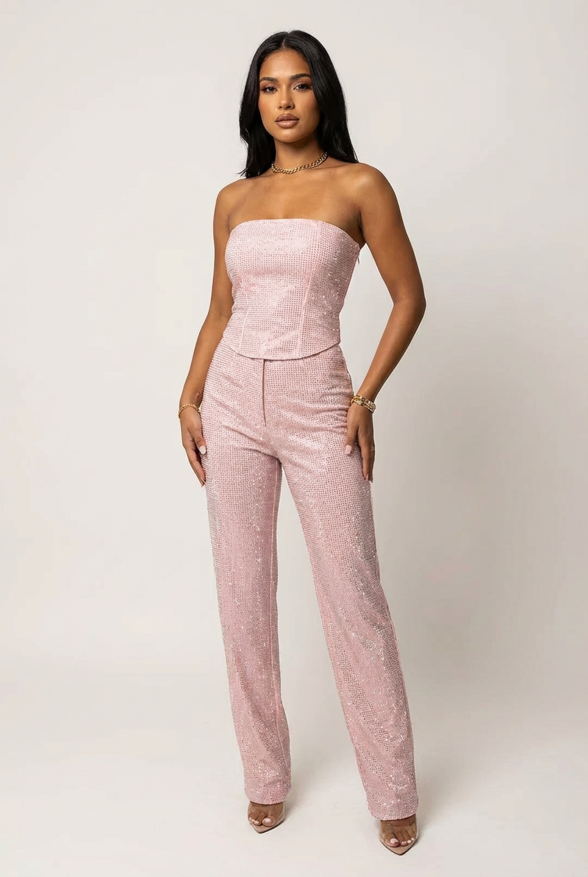 Kaya | Glitter tweedelige set met strapless top en high-waist broek