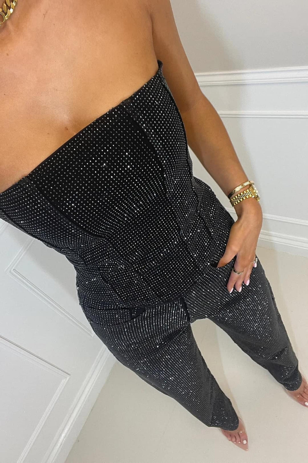 Kaya | Glitter tweedelige set met strapless top en high-waist broek