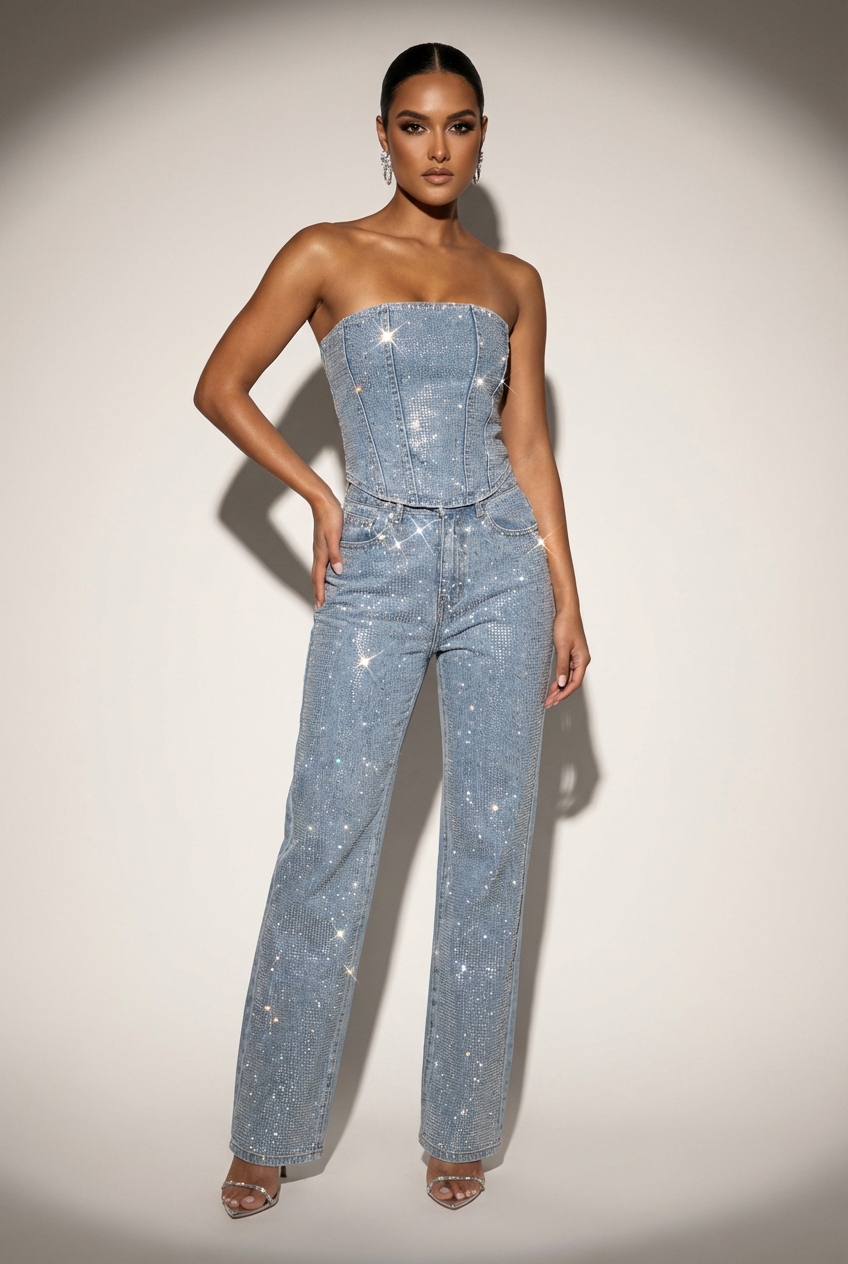 Kaya | Glitter tweedelige set met strapless top en high-waist broek