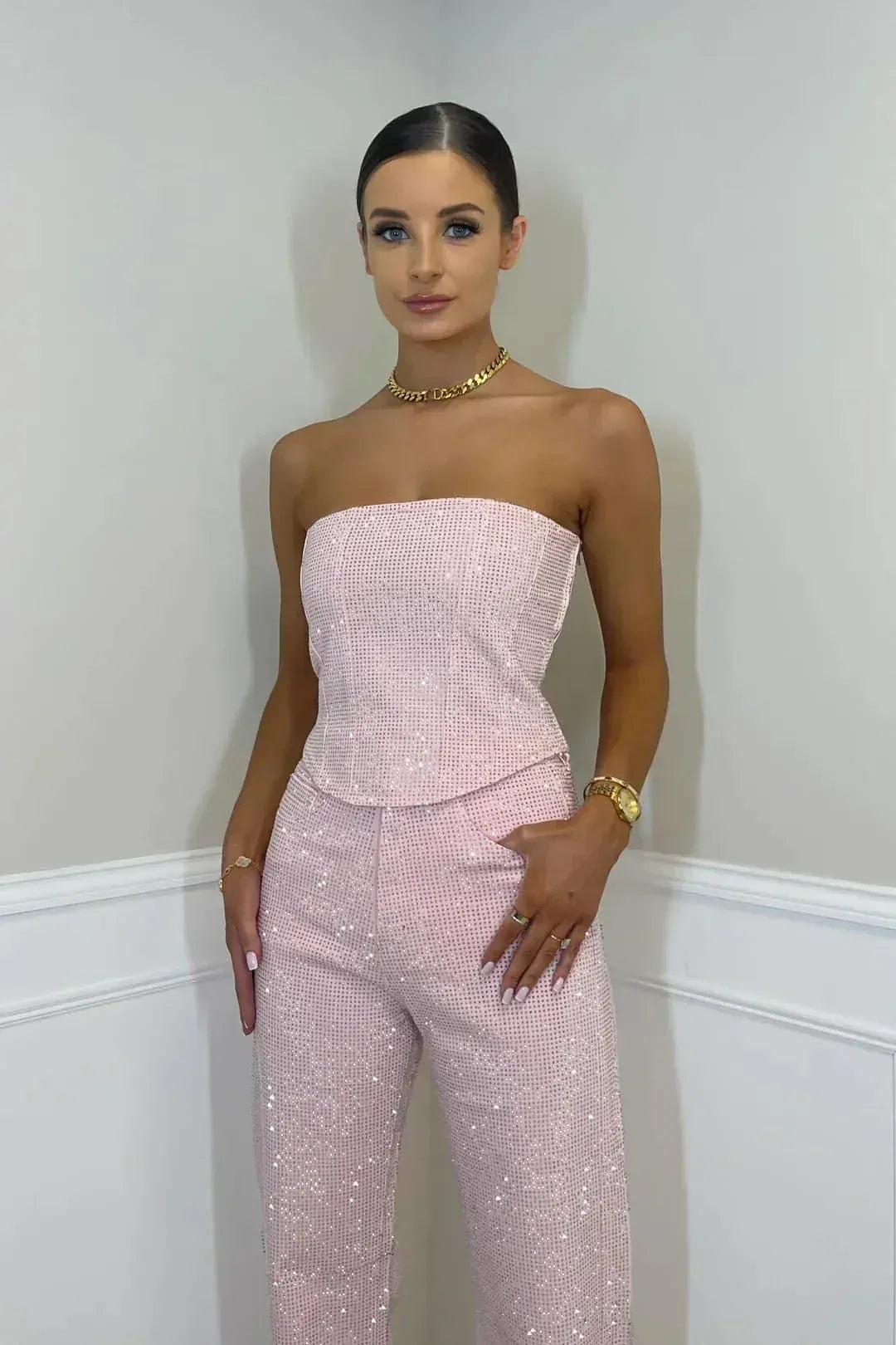 Kaya | Glitter tweedelige set met strapless top en high-waist broek