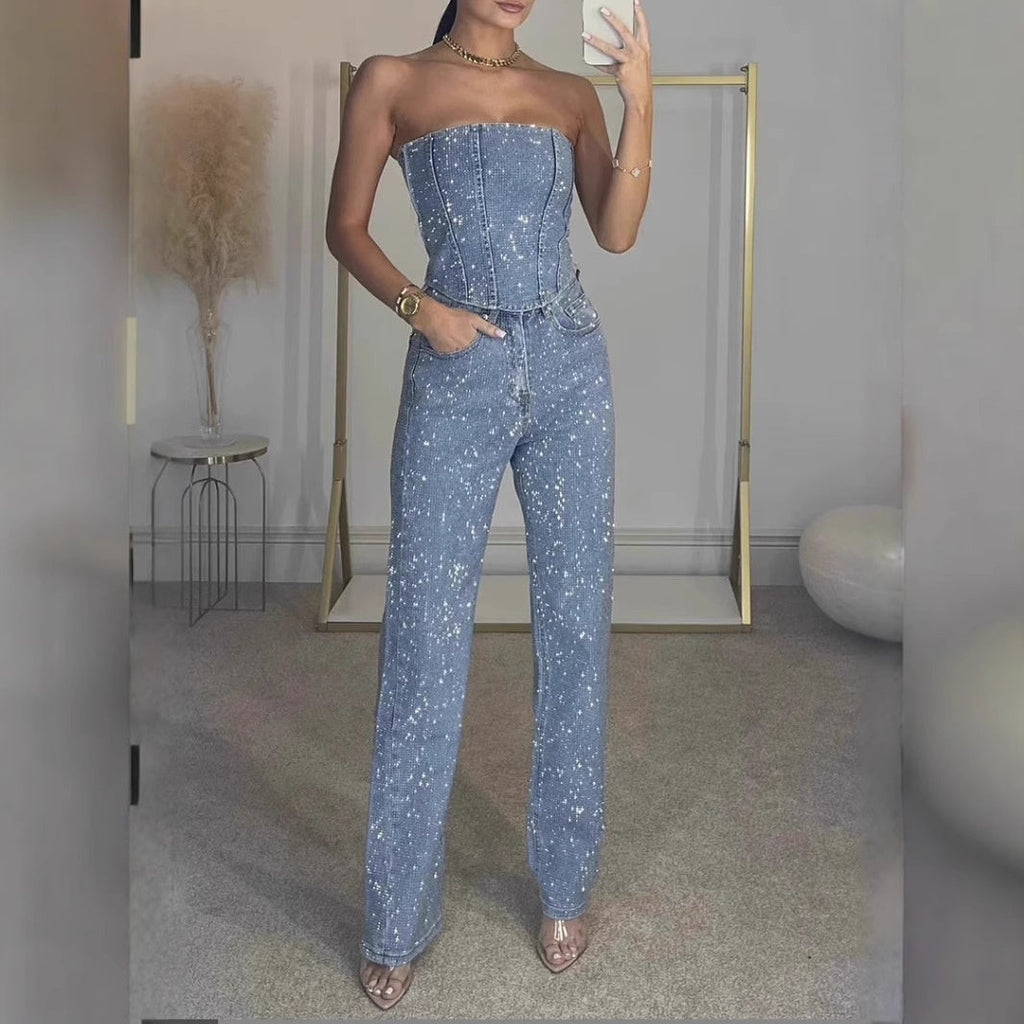 Kaya | Glitter tweedelige set met strapless top en high-waist broek