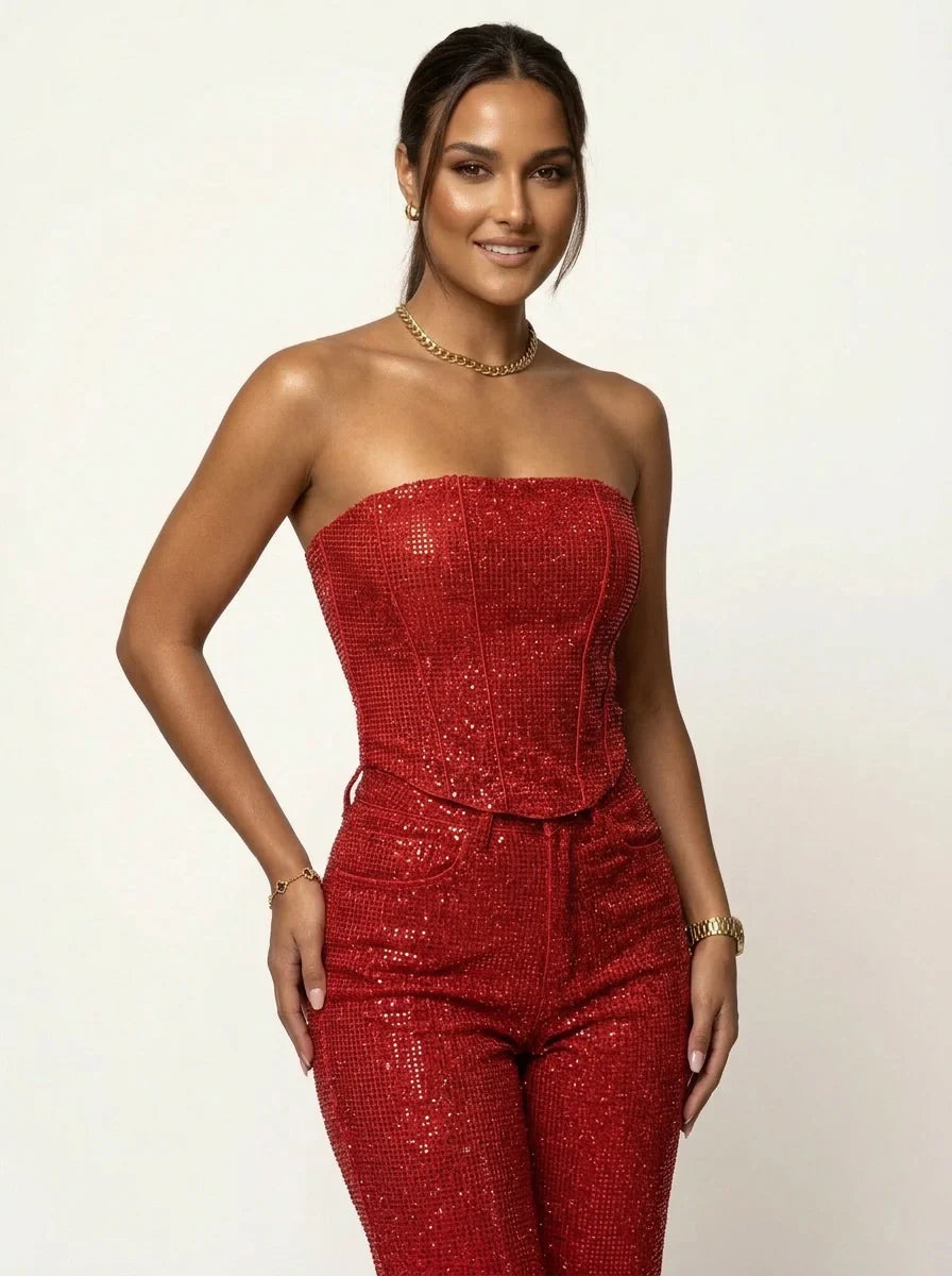Kaya | Glitter tweedelige set met strapless top en high-waist broek