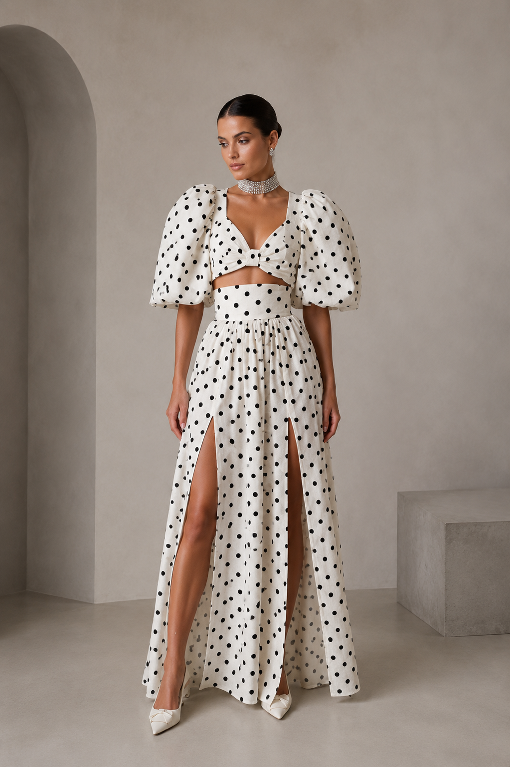 Hanna | Set met stippenprint en pofmouwen
