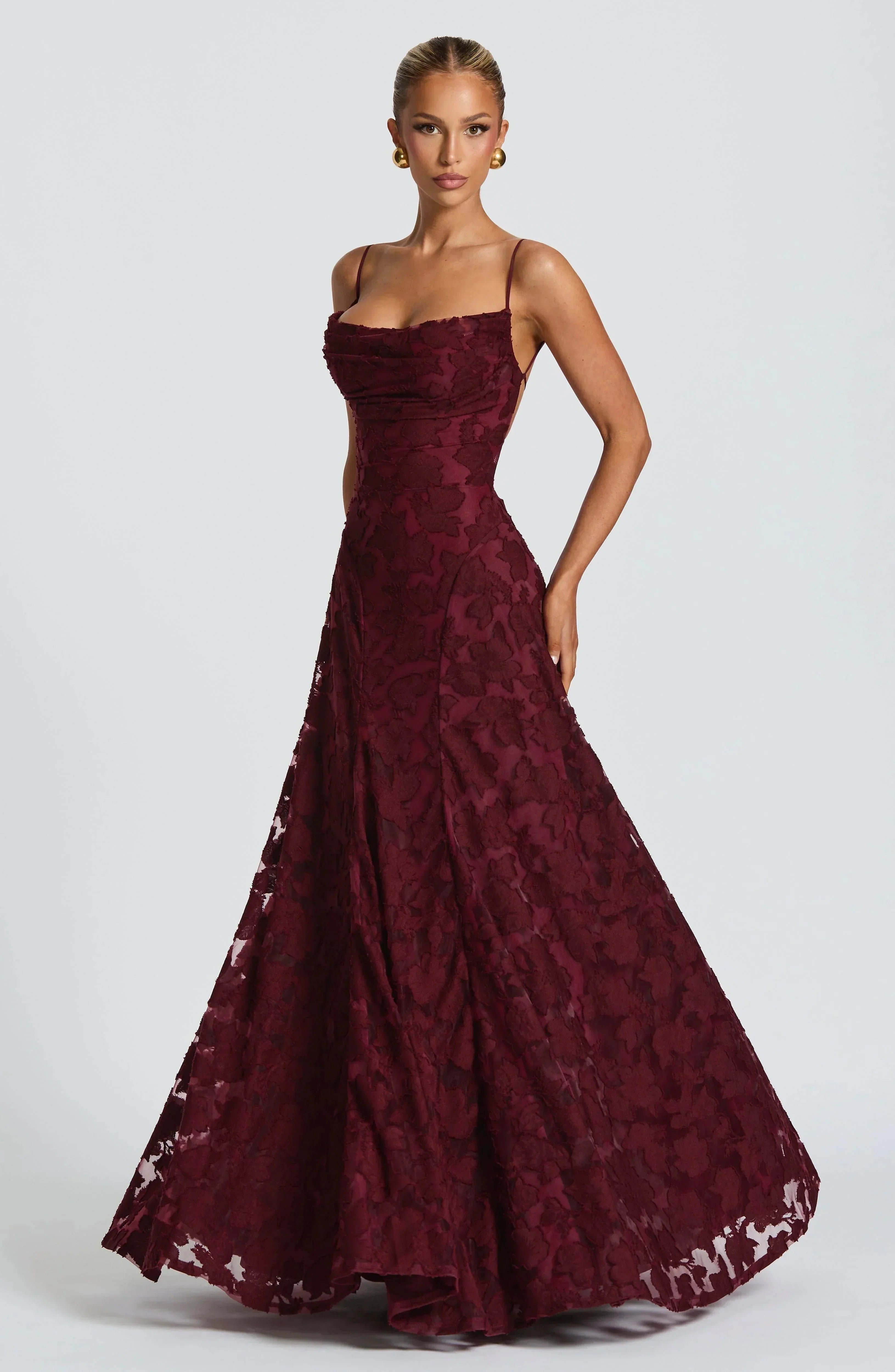 Amélie | Luxe bloemenjacquard maxi jurk