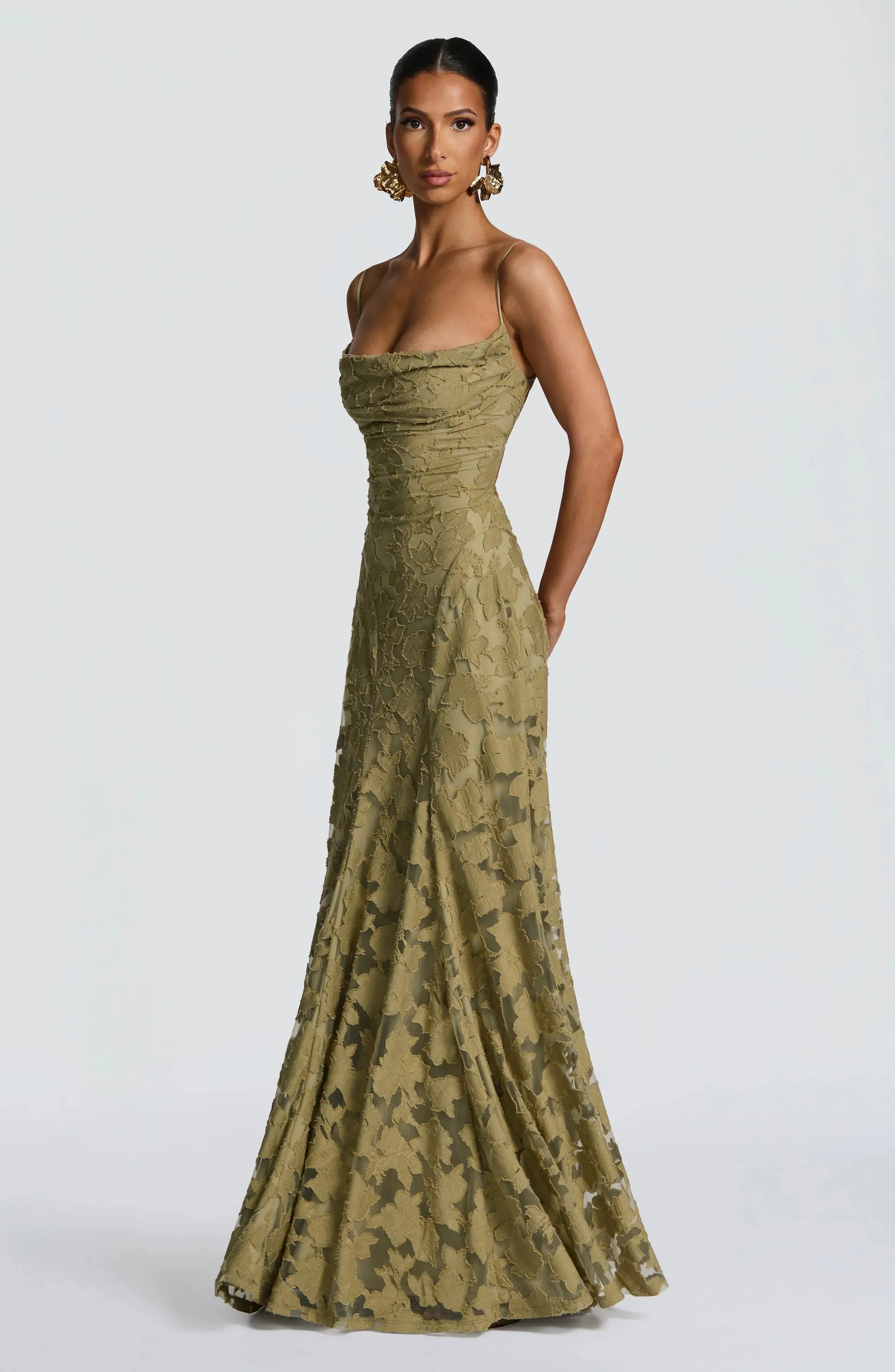 Amélie | Luxe bloemenjacquard maxi jurk