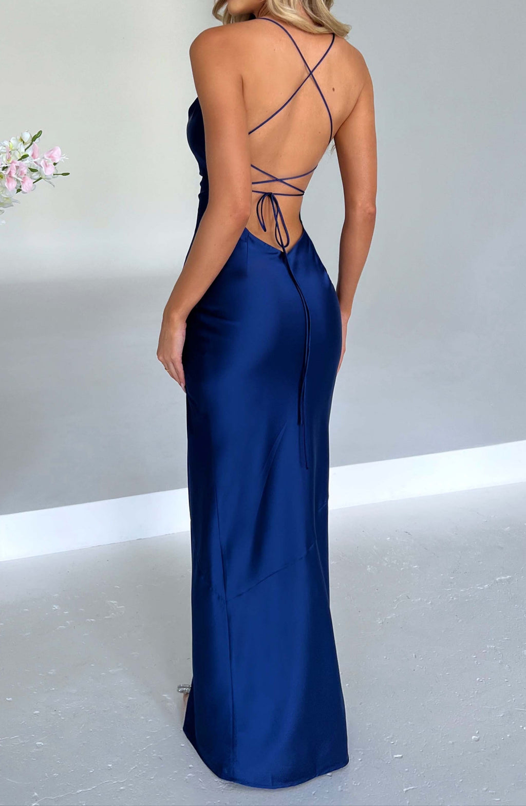 Navy | Satijnen maxi jurk met split