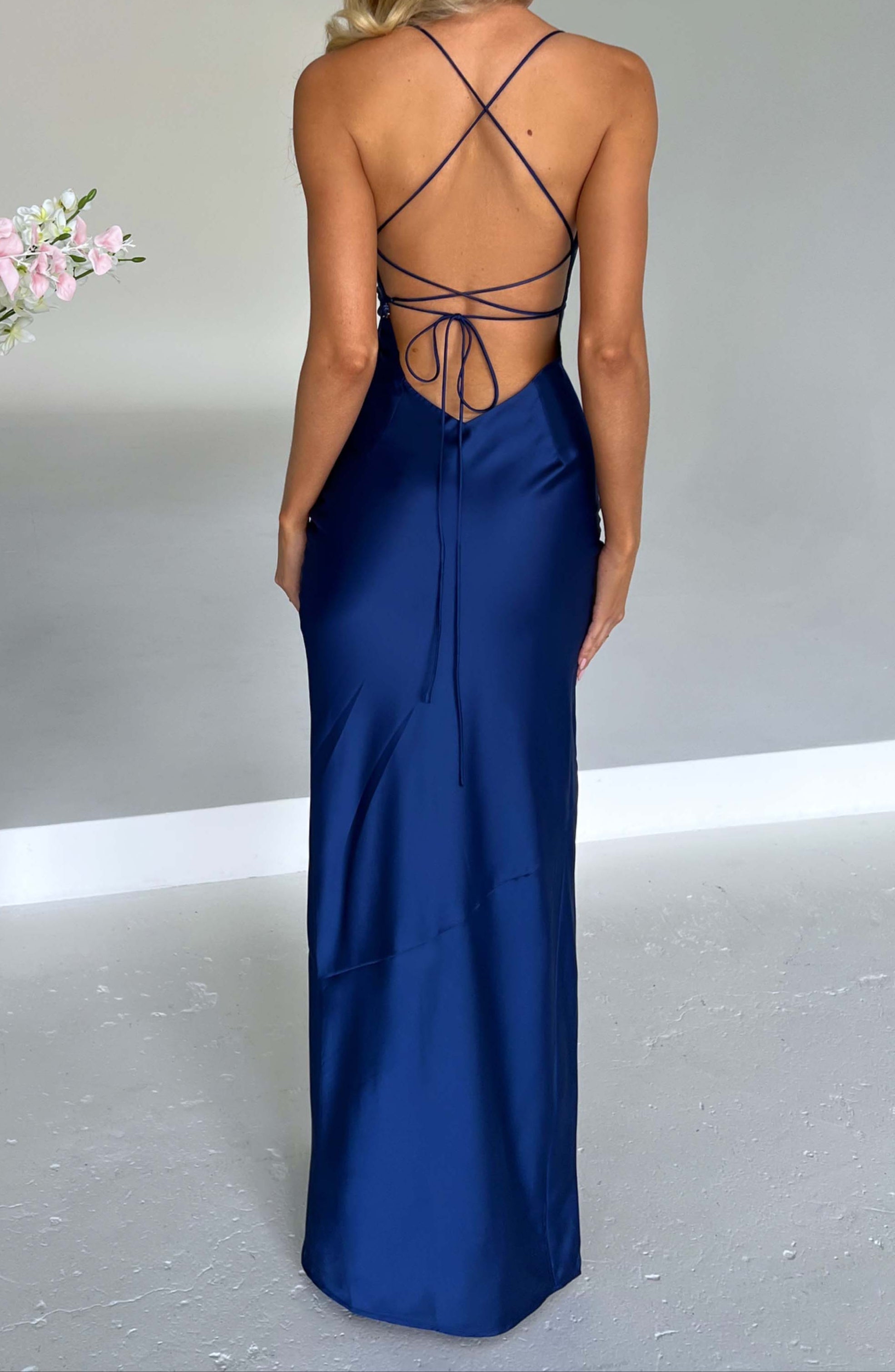 Navy | Satijnen maxi jurk met split